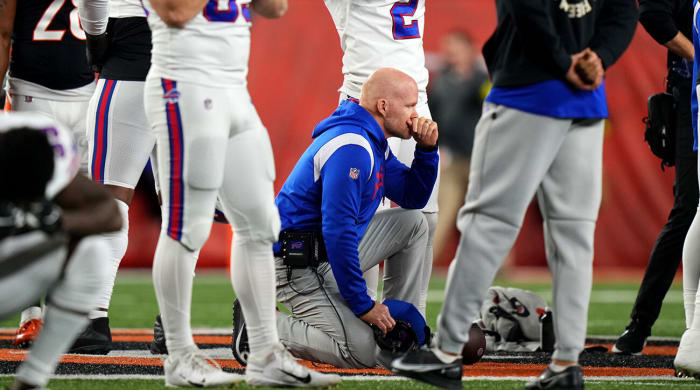 Bills coach Sean McDermott in the aftermatch of Damar Hamlin collapse against Bengals in Week 17.